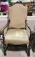 Solid Oak Throne Arm Chair with beige vinyl