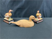Wood Carved Duck and 2  Ceramic Waterfowl