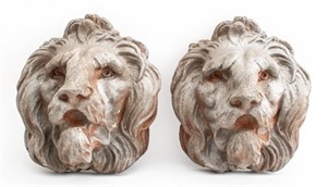 Patinated Resin Lion Masques, Pair