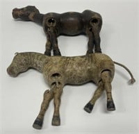 2 Hand Carved Folk Art Wood & String Donkey/Horse