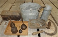 Oil Cans, Galvanized Bucket, Fordson Box