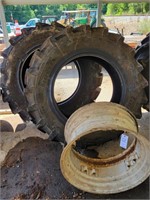 2 REAR TRACTOR TIRES AND 1 RIM