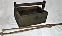 Vintage Wooden Toolbox w/ Cast Iron Tongs