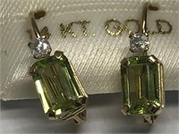 $600. 14 Kt Gold Peridot and Two Diamond  Earrings