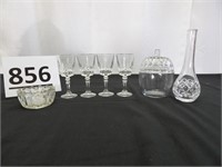 Clear Glass Stemware, Vase, Covered Dish