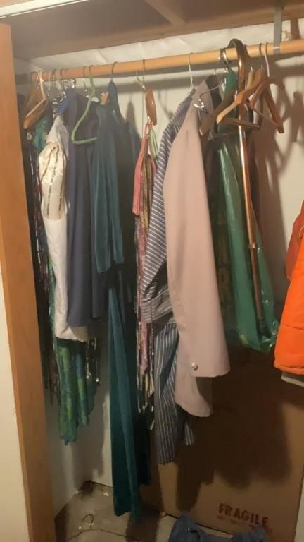 Assorted ties, suit jackets, dresses, et.