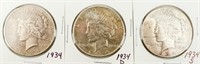 Coin 3 Peace Silver Dollars 1934, 1934-D & 34-S