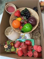 Box of candles and artificial fruit plus more