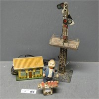 Tin Litho Wind Up Xylophone Player & Train Station