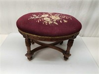 Needlepoint Covered Carved Wooden Footstool