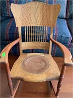 ANTIQUE ROCKING CHAIR W LEATHER SEAT