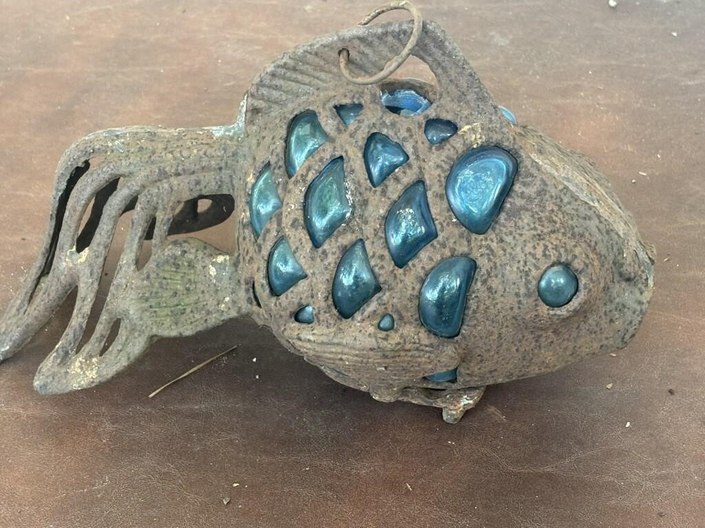 RARE Antique Cast Iron Art Glass Fish Koi Ornament