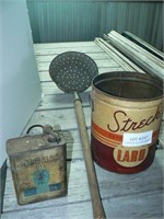Lard bucket, cream separator oil can, meat hooks,