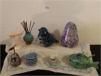 Ceramic & Slag Glass Vases, Lamp, Paperweight +