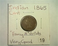 1865 FANCY 5 INDIAN CENT VG
