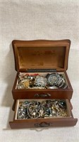 Vintage costume jewelry inside wooden box