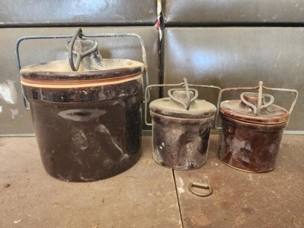 Lot of 3 dark brown pottery cannisters
