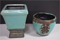 Two Ceramic Plant Pots,Aqua Crackle