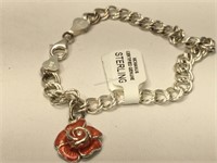 Sterling Silver bracelet with enameled Rose charm