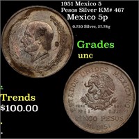 1951 Mexico 5 Pesos Silver KM# 467 Grades Brillian