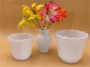 Milkglass Vase & Fire King Pots