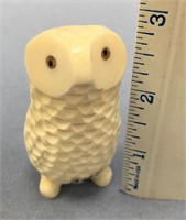 3" white ivory owl with inset fossilized ivory and