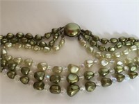 VINTAGE 3 STRAND NECKLACE AB CLEAR AND GREEN BEADS