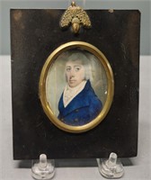 Miniature Portrait Dour Gentleman Blue Coat