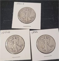 3 WALKING LIBERTY HALF DOLLARS 1942, 42 S, 42 D