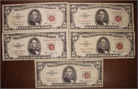 Lot of 5 Red Seal $5's