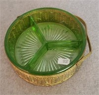 GREEN DEPRESSION GLASS TRAY W/ METAL CARRIER