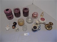Candles, candle holders, 2 doll figurines, etc.