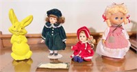 Vintage paper mache rabbit, (2) dolls and