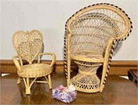 (2) pieces of wicker doll chairs & small wrapped