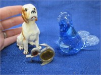 porcelain dog figurine -hand blown blue bird -