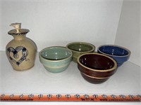 Pottery. 4 bowls & a soap dispenser