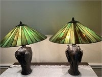 2 bronze and stained glass elephant table lamps