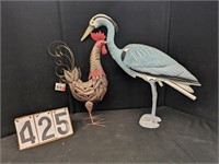 Composite Heron Garden Statue & Metal Rooster