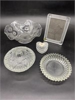 (5) Pressed Glass & Crystal: Candy Dish, Frame,