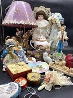 Assorted Decor w/ Dolls, Trinkets, Figurines, Lamp