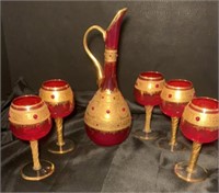 Vintage Ruby Red Glass Wine Jug & Glasses