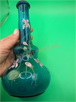 Vintage hand painted turquoise glass barber bottle