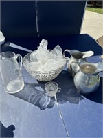 Glass pitcher, pressed glass punch bowl with