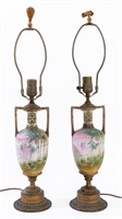 Art Nouveau Hand-Painted Porcelain Lamps, Pair