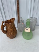 Green Depression glass decanter cut glass vase
