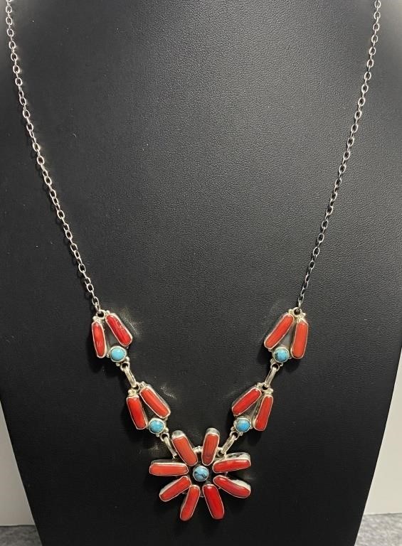 Sterling, Coral & Turquoise Floral Necklace 26.2g