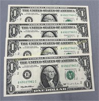 (4) 1995 USA Uncirculated consecutive 1 dollar