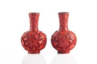 PAIR OF CINNABAR LACQUER CARVED BOTTLE VASES
