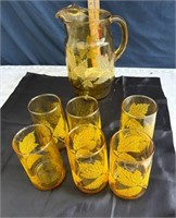 amber pitcher & 6 glasses