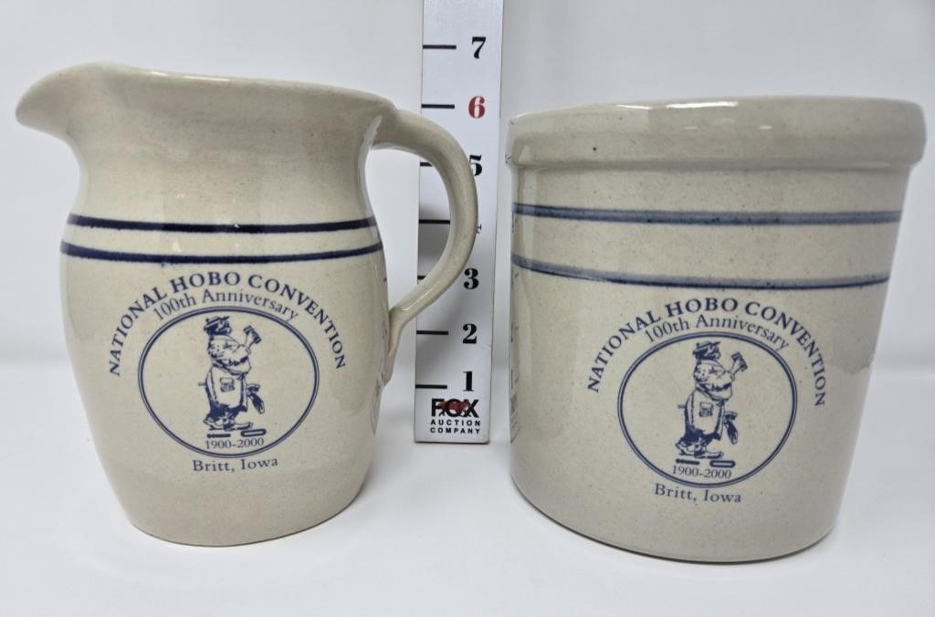 Britt Hobo 100th Anniv. Stoneware Crock & Pitcher